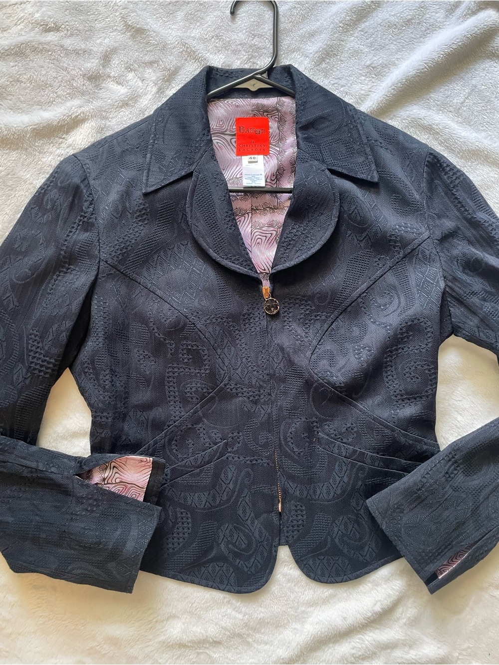 Vintage Y2K Bazar de Christian Lacroix Navy Blue Patterned Tailored Crop Jacket
